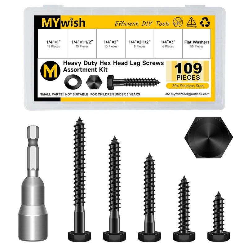 MYWISH 109Pcs 1/4" Hex Head Lag Screws Assortment Kit, Heavy Duty Lag Bolts with Washers, 304 Stainless Steel Bolts 18-8, 5-Size Wood Screws for Outdoor, Black Oxide 1/4 Bolt - Image 1